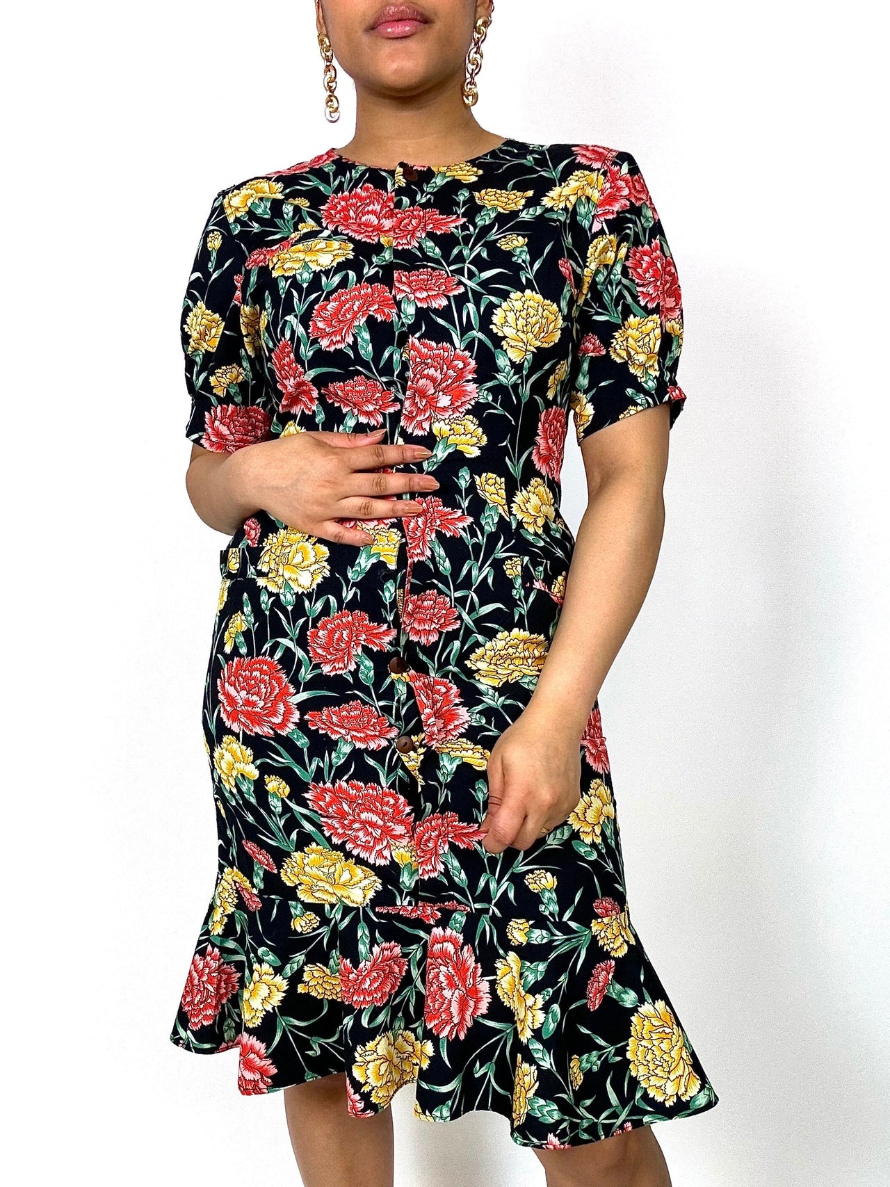 Robe vintage noire à fleurs S/M