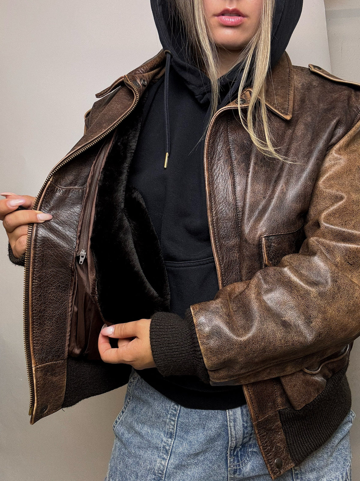 Blouson vintage en cuir marron