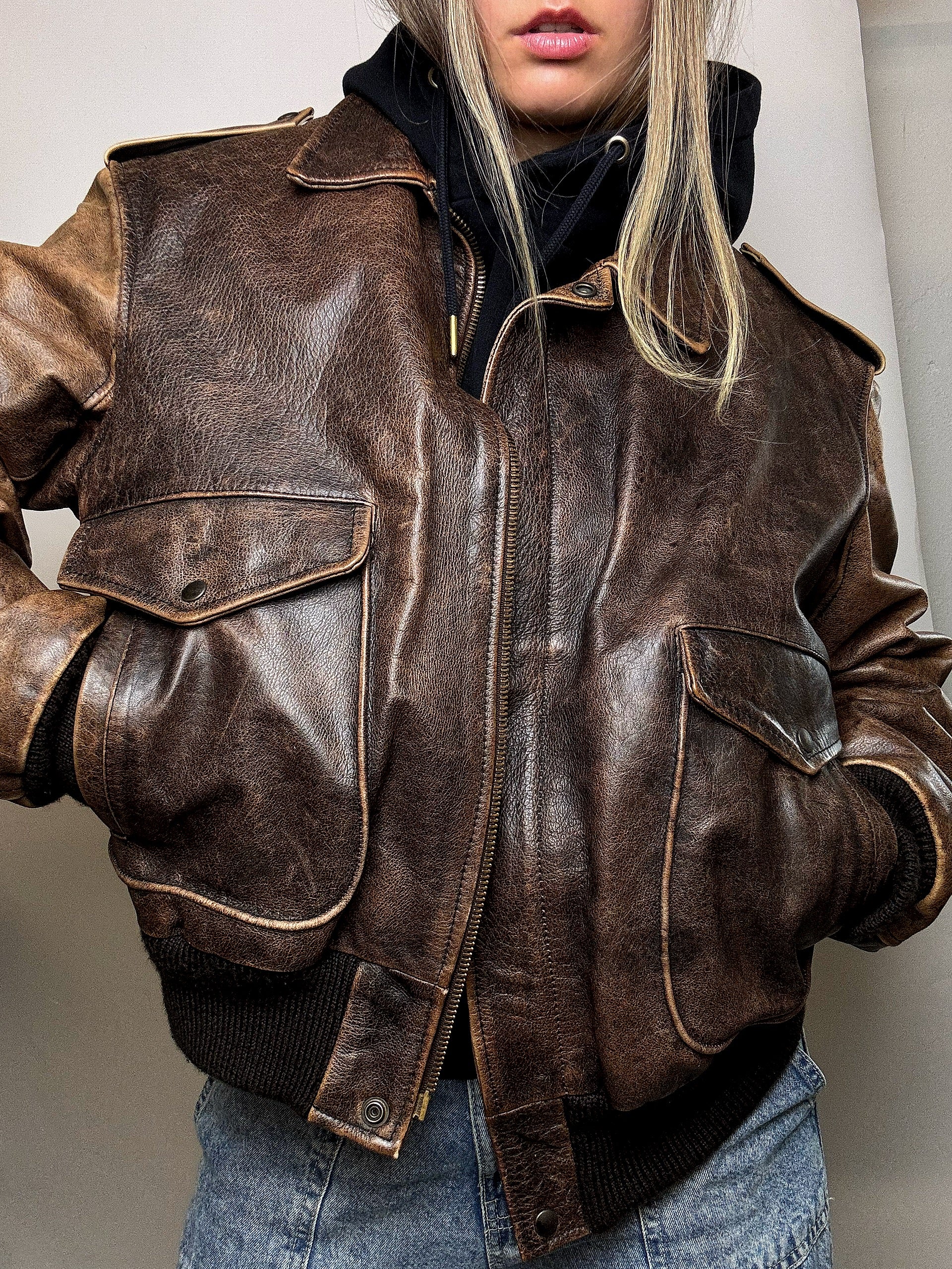 Blouson vintage en cuir marron