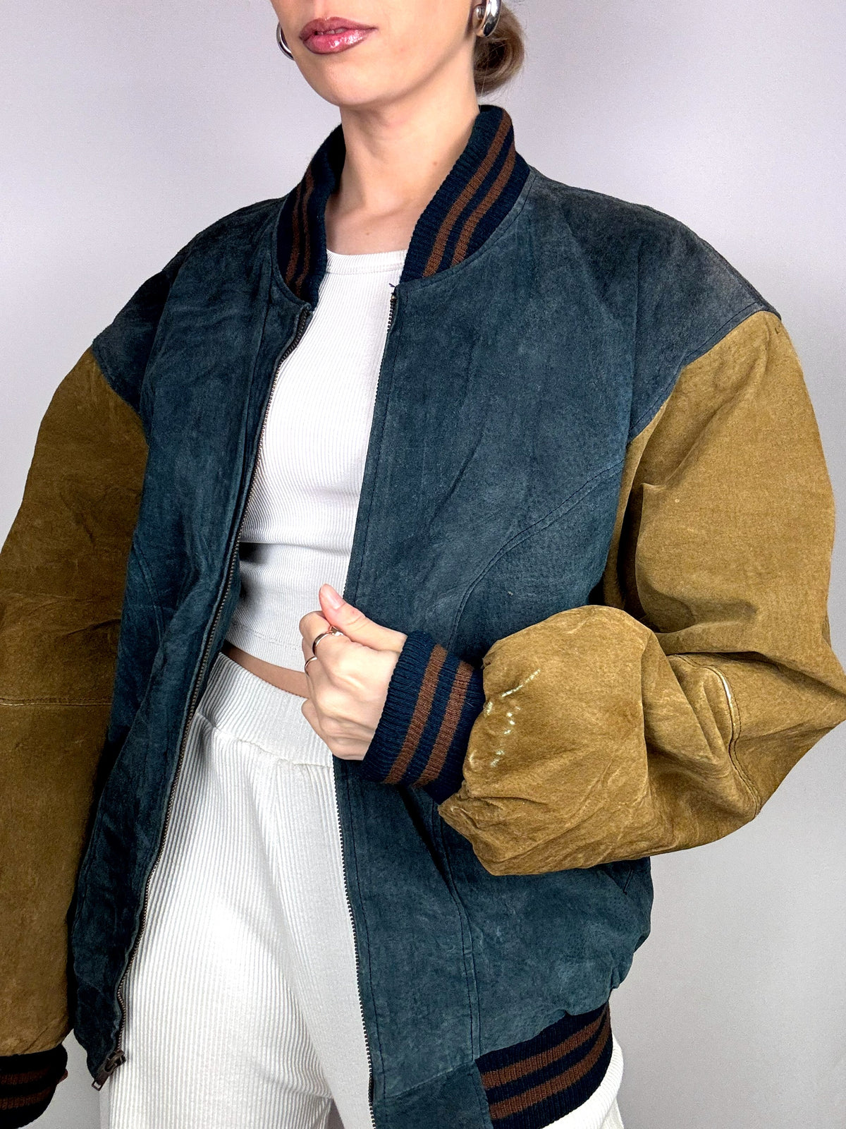 Vintage L/XL Two-Tone Genuine Suede Bomber Jacket
