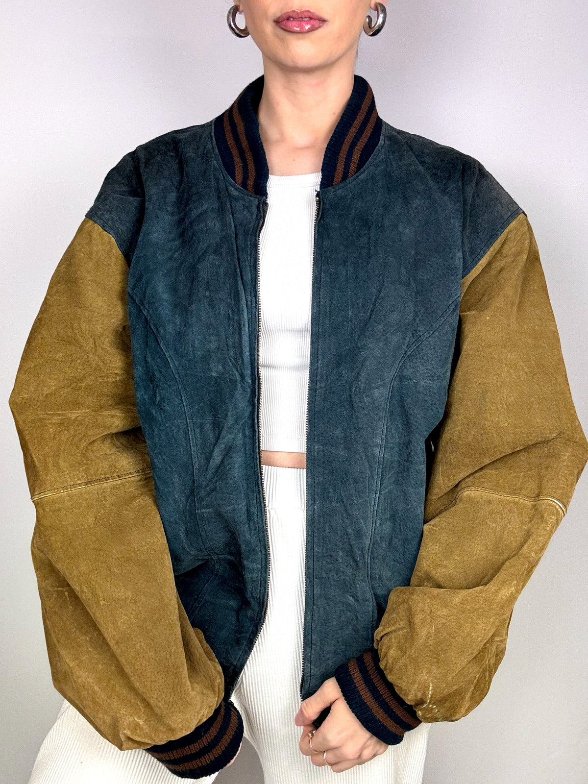 Vintage L/XL Two-Tone Genuine Suede Bomber Jacket