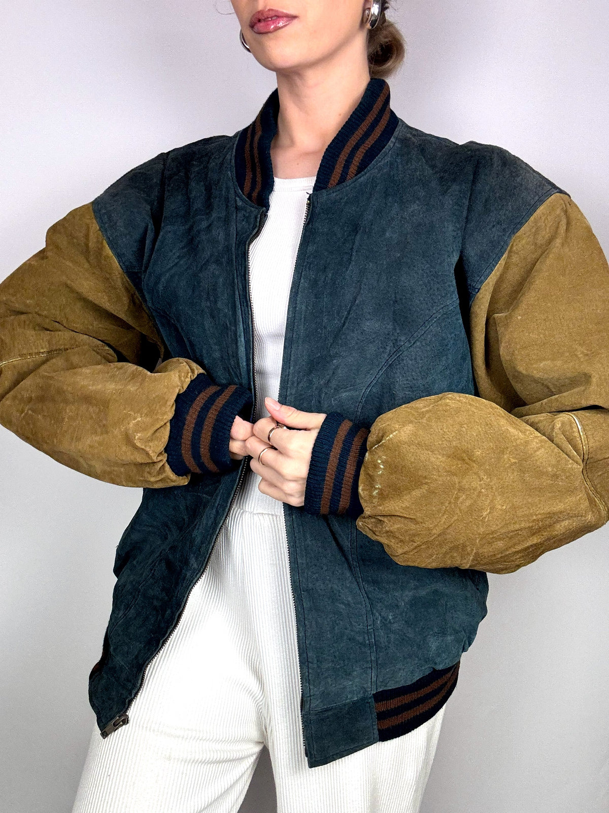 Vintage L/XL Two-Tone Genuine Suede Bomber Jacket