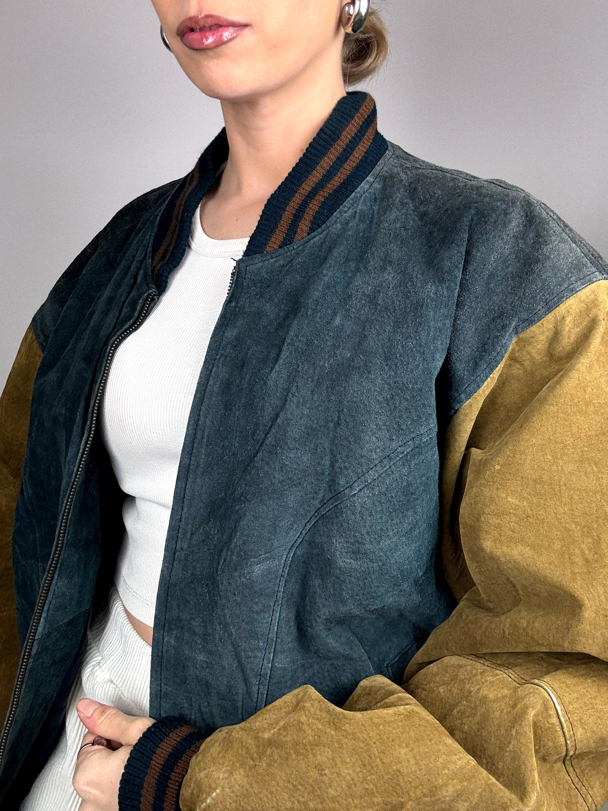 Vintage L/XL Two-Tone Genuine Suede Bomber Jacket