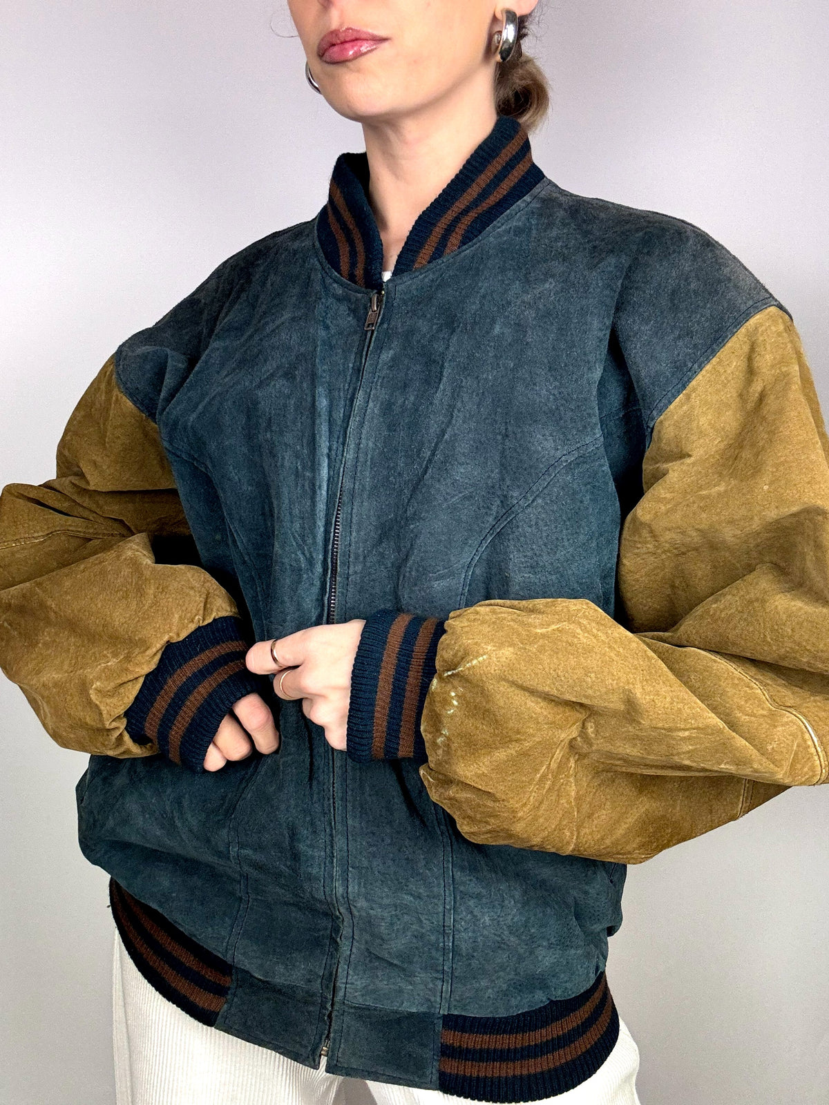 Vintage L/XL Two-Tone Genuine Suede Bomber Jacket