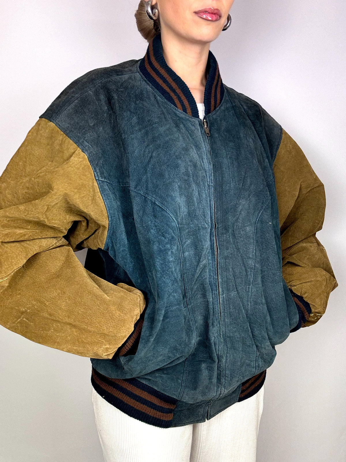 Vintage L/XL Two-Tone Genuine Suede Bomber Jacket