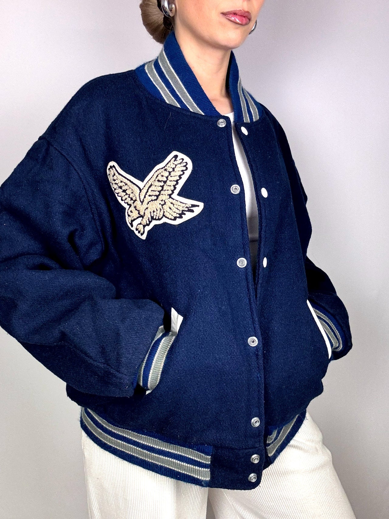 Bomber Americain en laine bleu XL Vintage