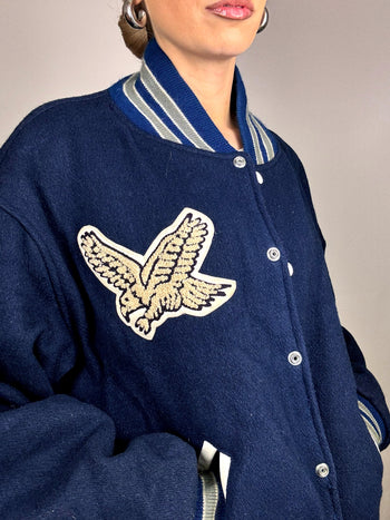 Bomber Americain en laine bleu XL Vintage