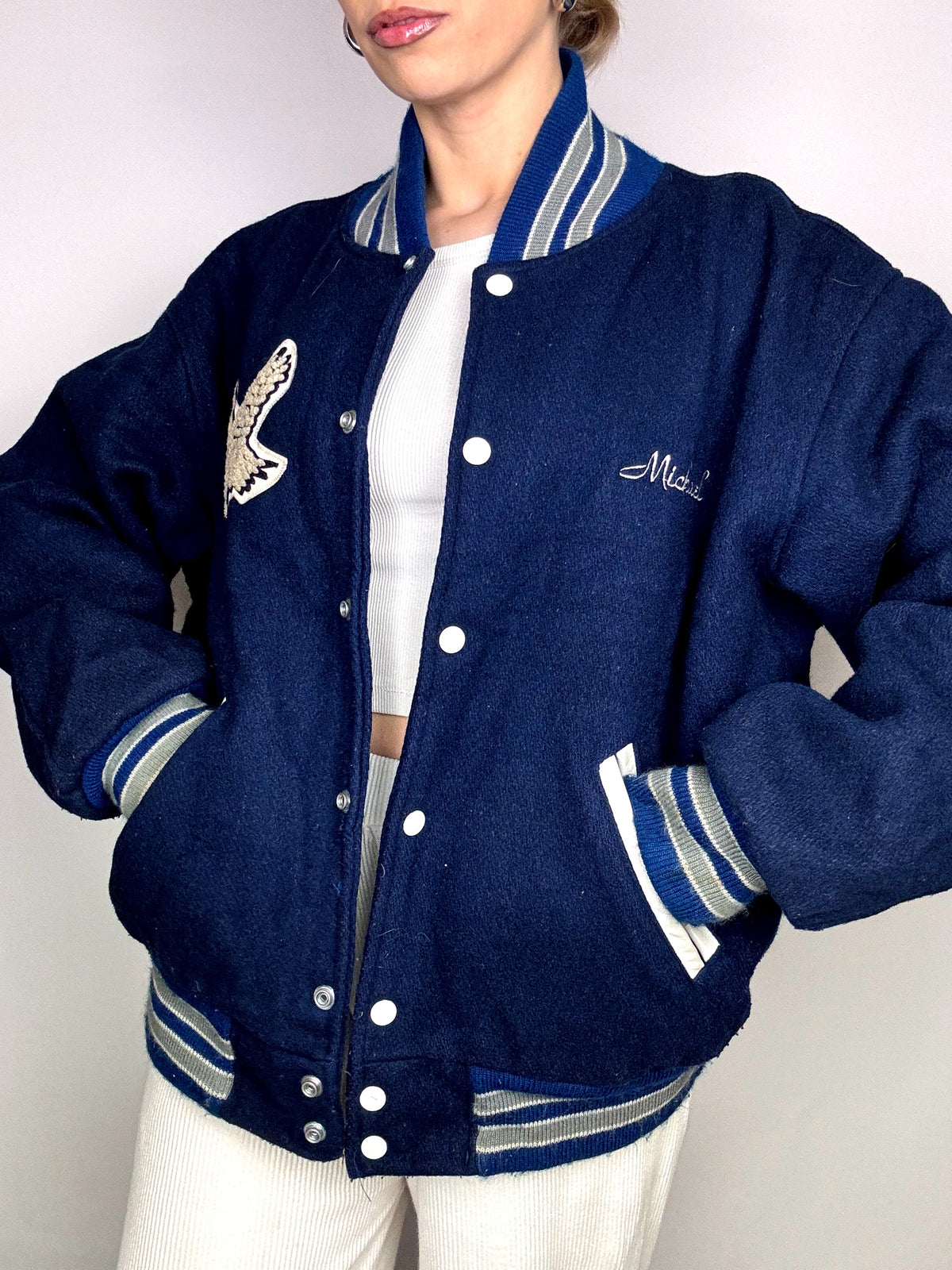 Vintage XL Blue Wool American Bomber Jacket