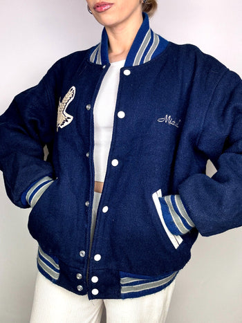 Bomber Americain en laine bleu XL Vintage