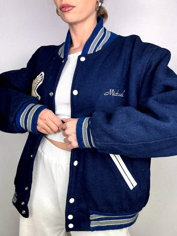 Bomber Americain en laine bleu XL Vintage