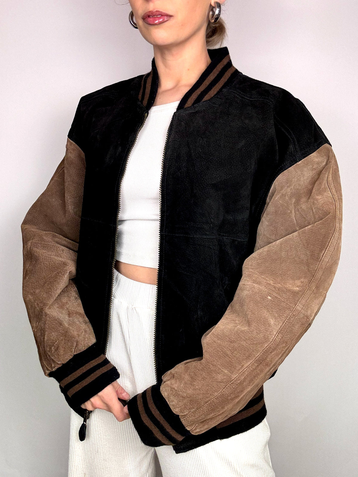 Vintage L/XL Two-Tone Genuine Suede Bomber Jacket
