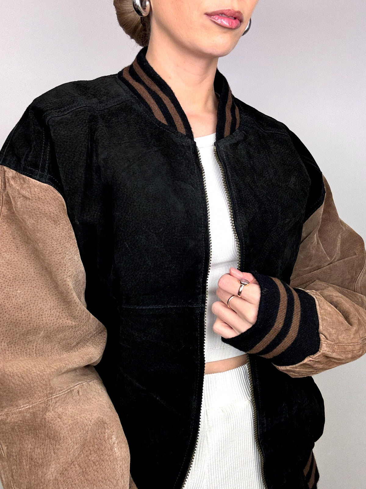 Vintage L/XL Two-Tone Genuine Suede Bomber Jacket