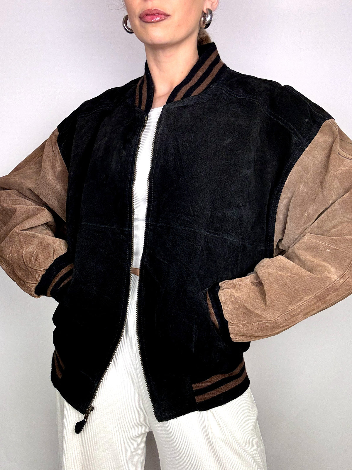 Vintage L/XL Two-Tone Genuine Suede Bomber Jacket