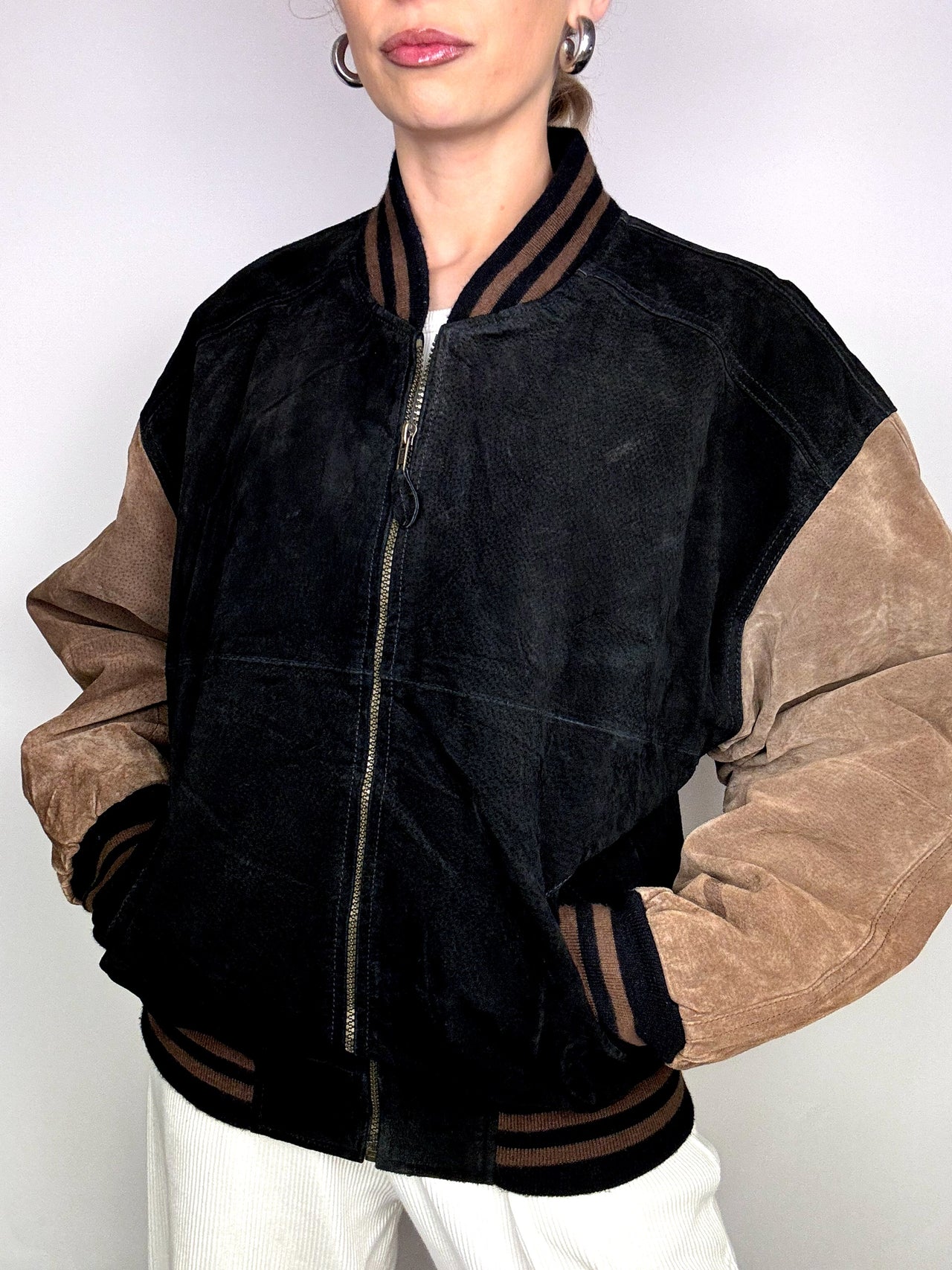 Bomber en daim véritable bicolore L/XL vintage