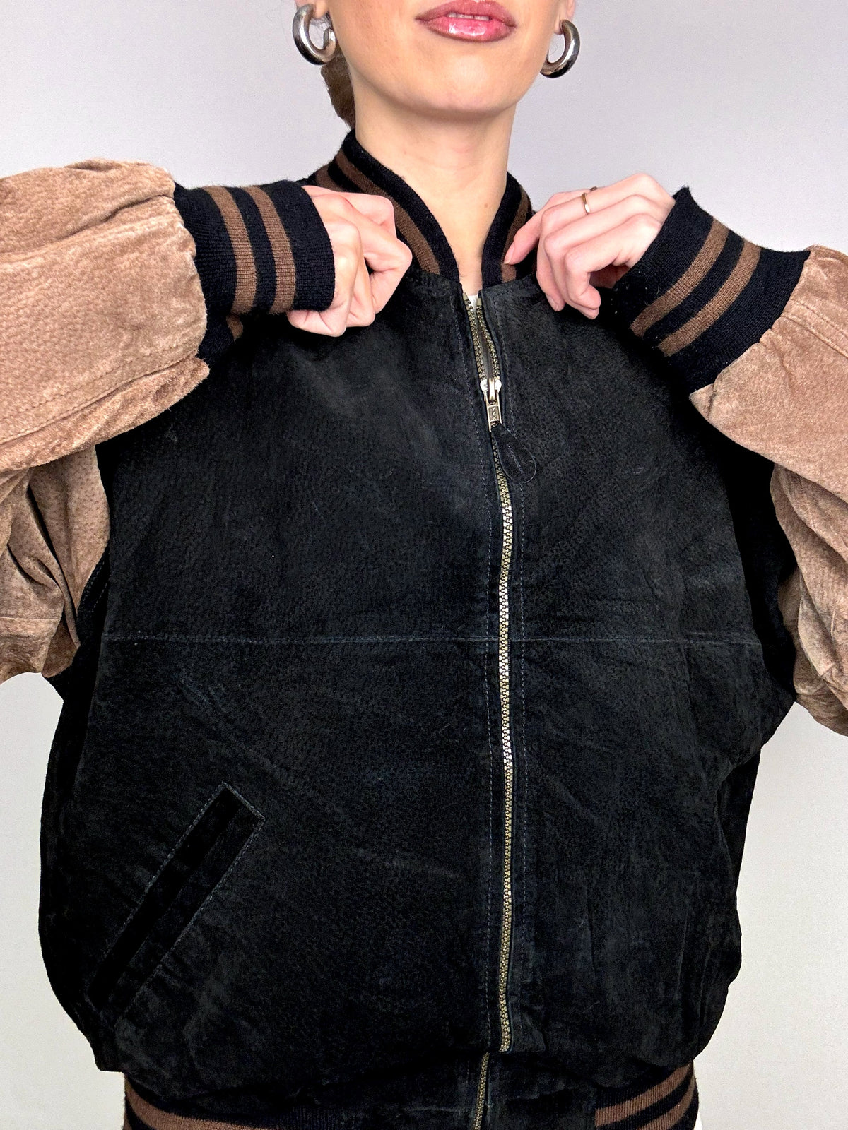 Vintage L/XL Two-Tone Genuine Suede Bomber Jacket