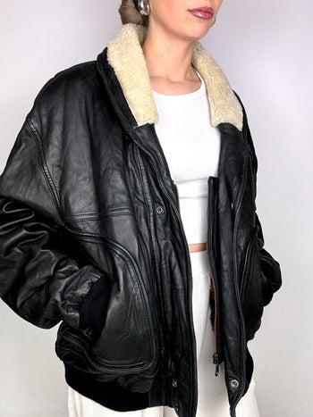 Blouson aviator en cuir noire TED STONE L/XL vintage