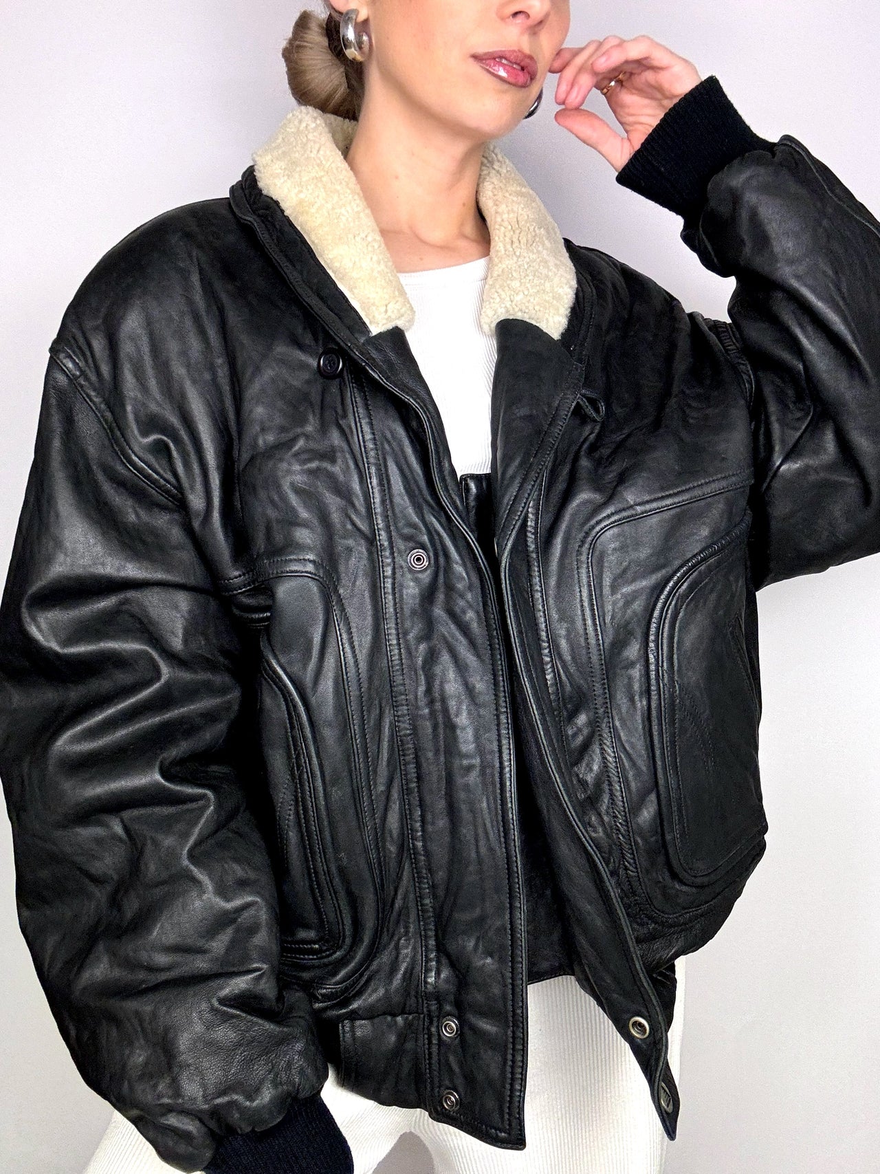 Blouson aviator en cuir noire TED STONE L/XL vintage