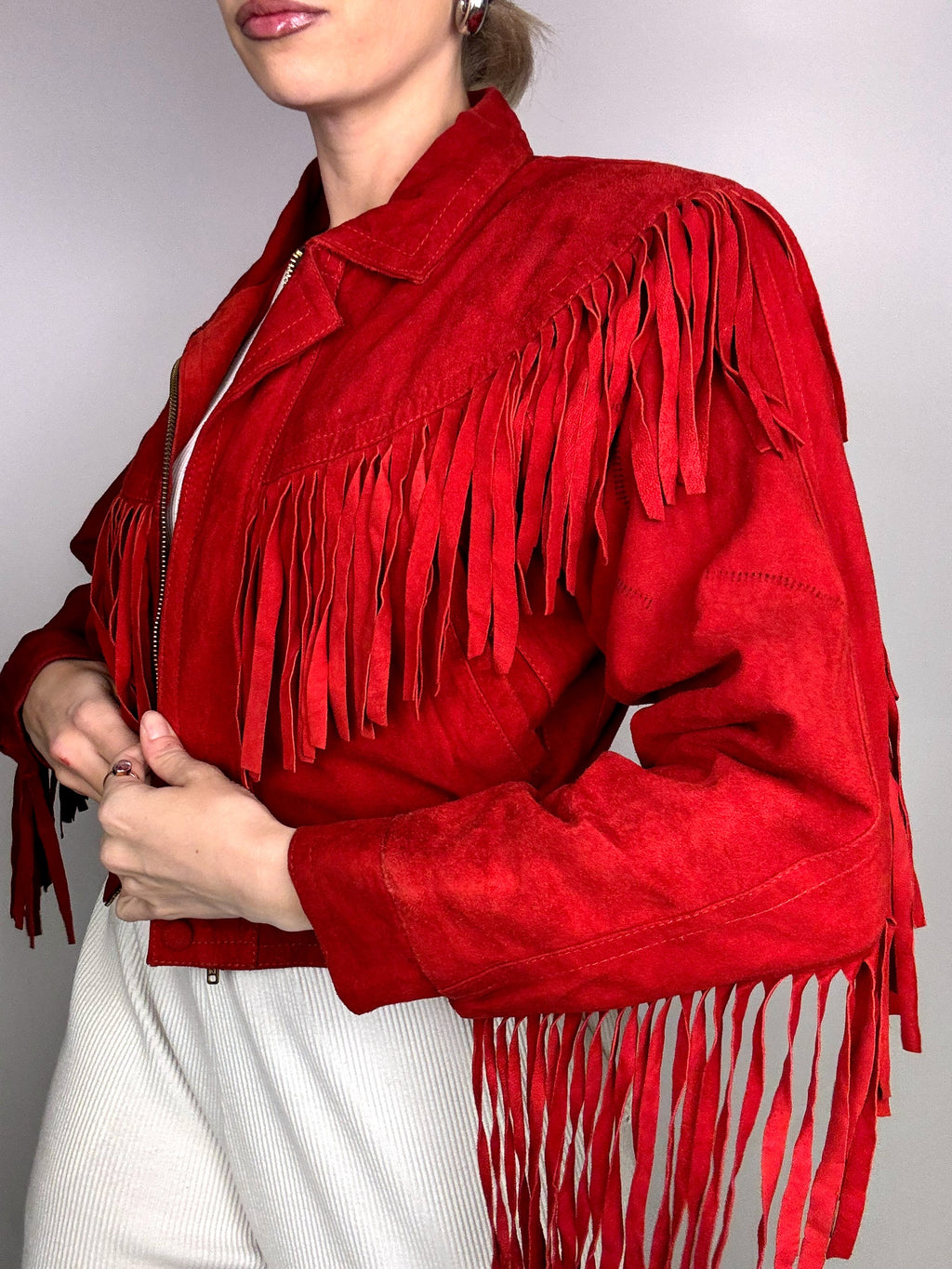 Vintage XS/S Red Fringe Suede Jacket