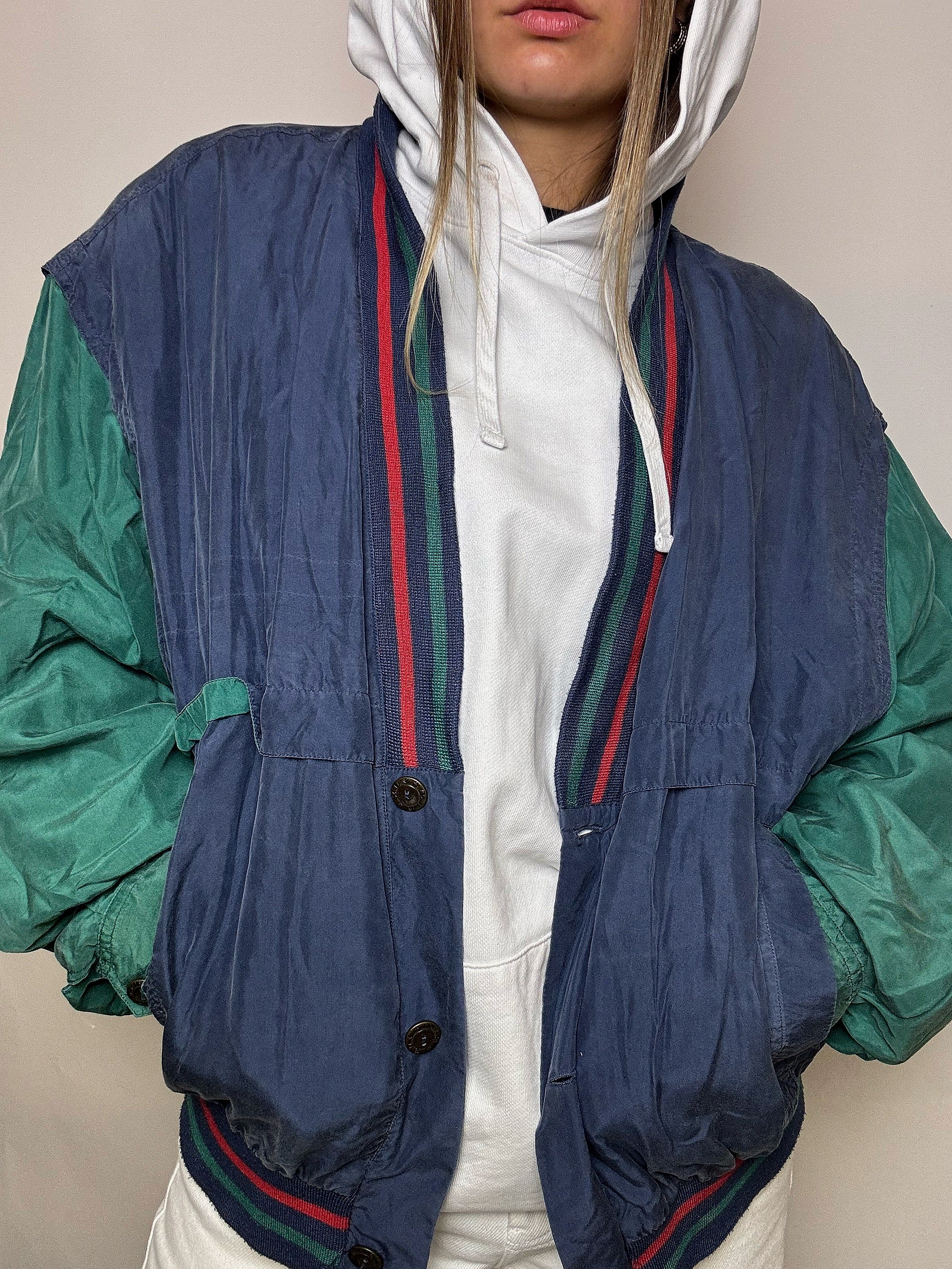 Vintage zweifarbige Seidenbomberjacke, Größe M