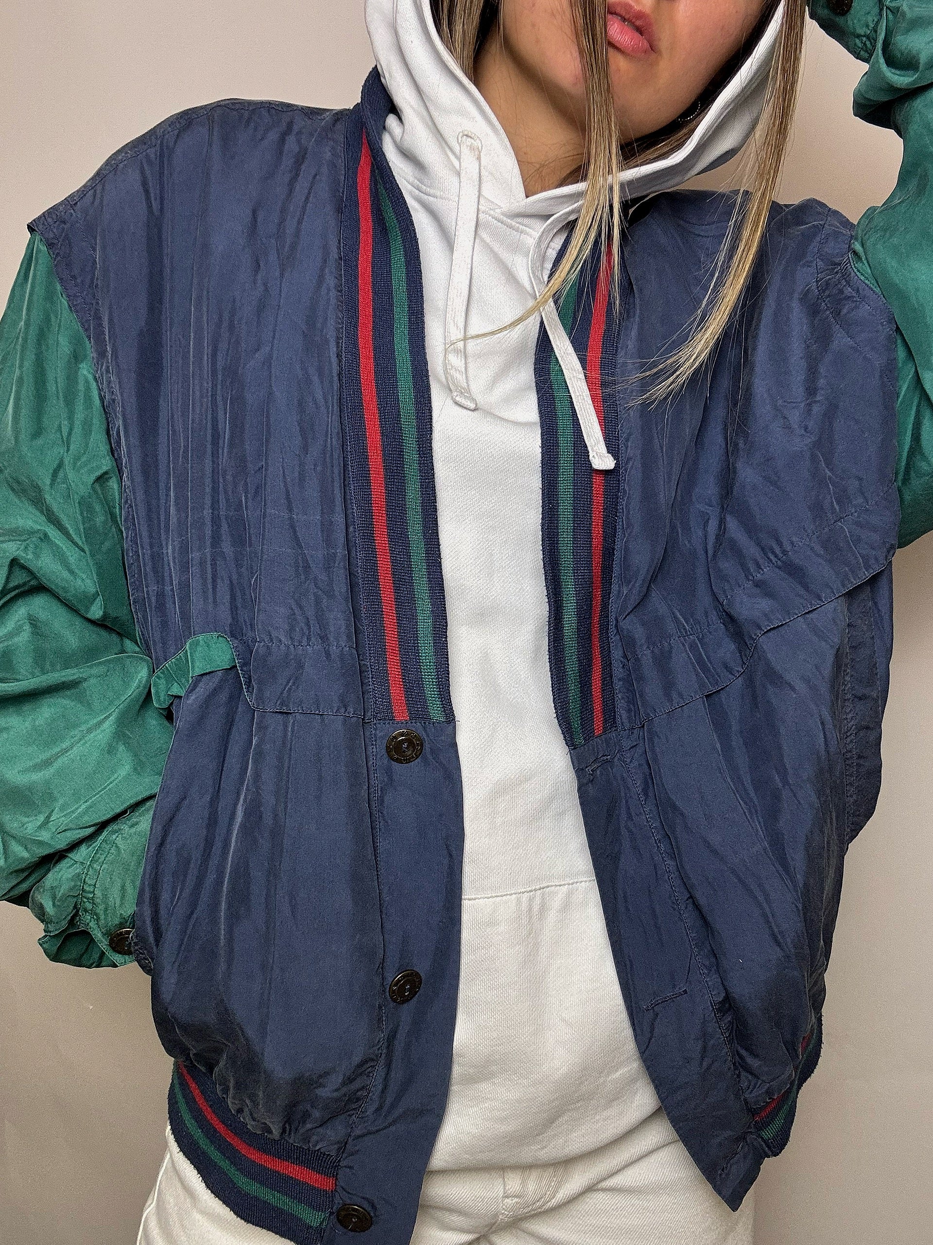 Vintage zweifarbige Seidenbomberjacke, Größe M