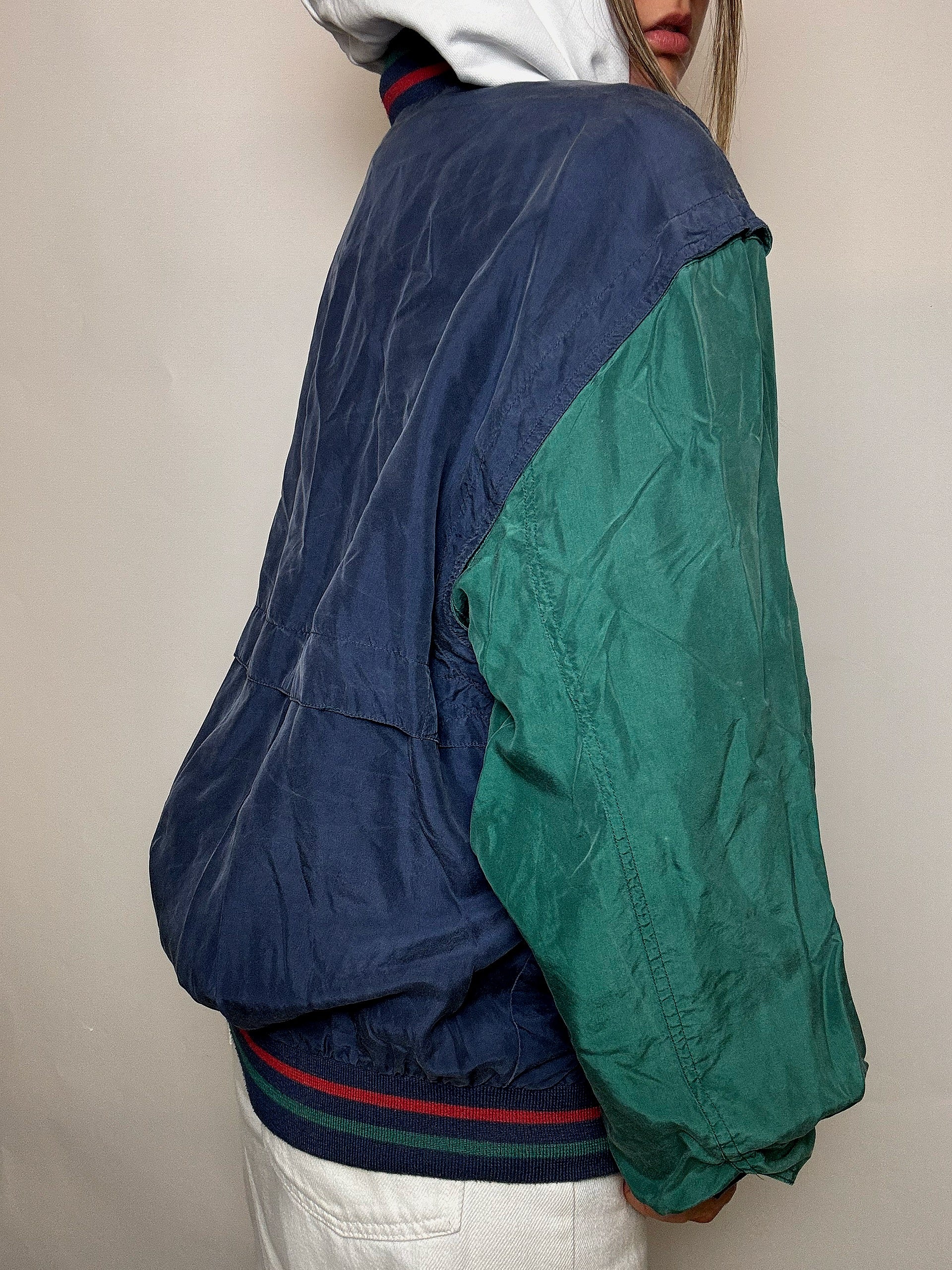 Vintage zweifarbige Seidenbomberjacke, Größe M