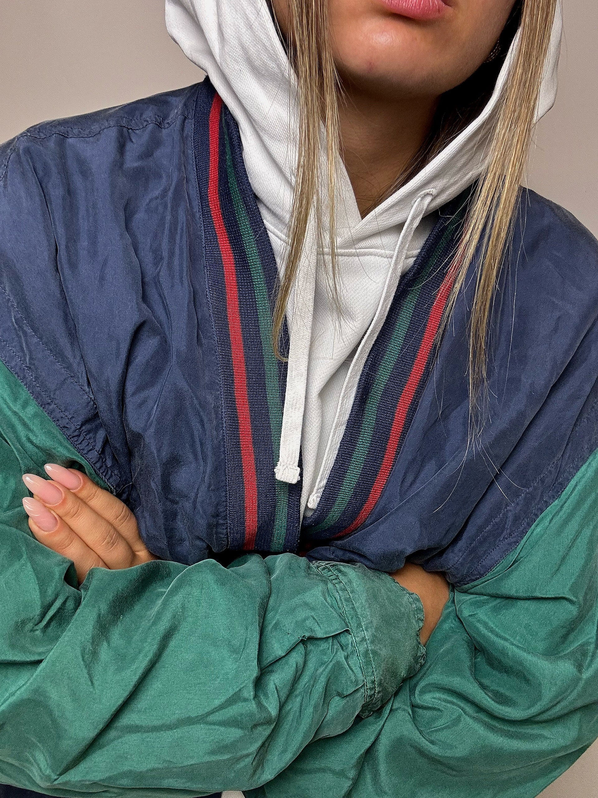 Vintage zweifarbige Seidenbomberjacke, Größe M