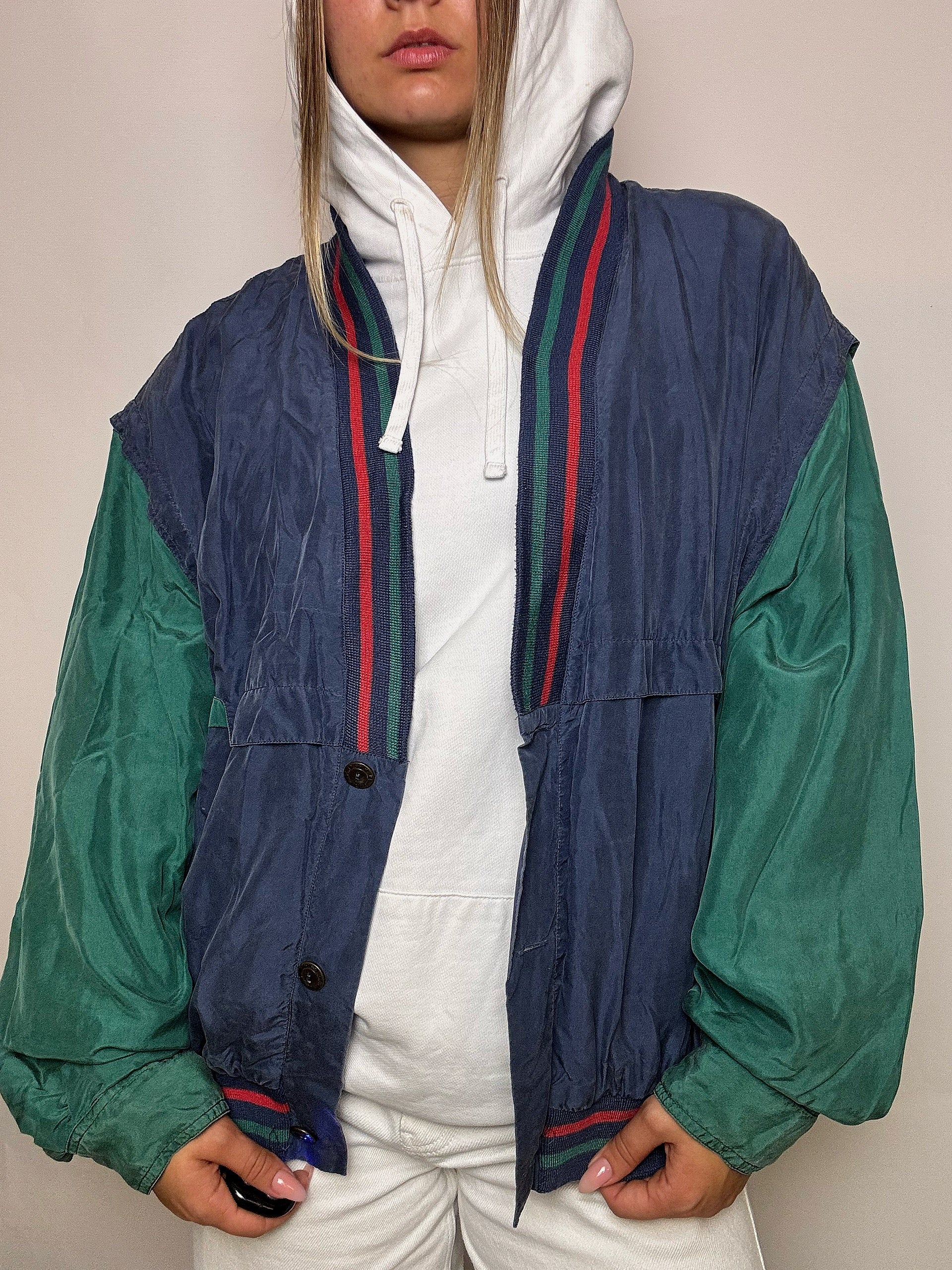 Vintage zweifarbige Seidenbomberjacke, Größe M