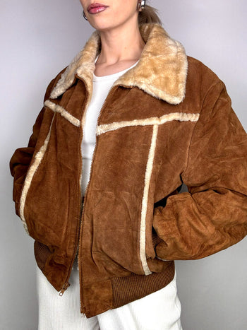 Bomber en daim fourré camel L vintage