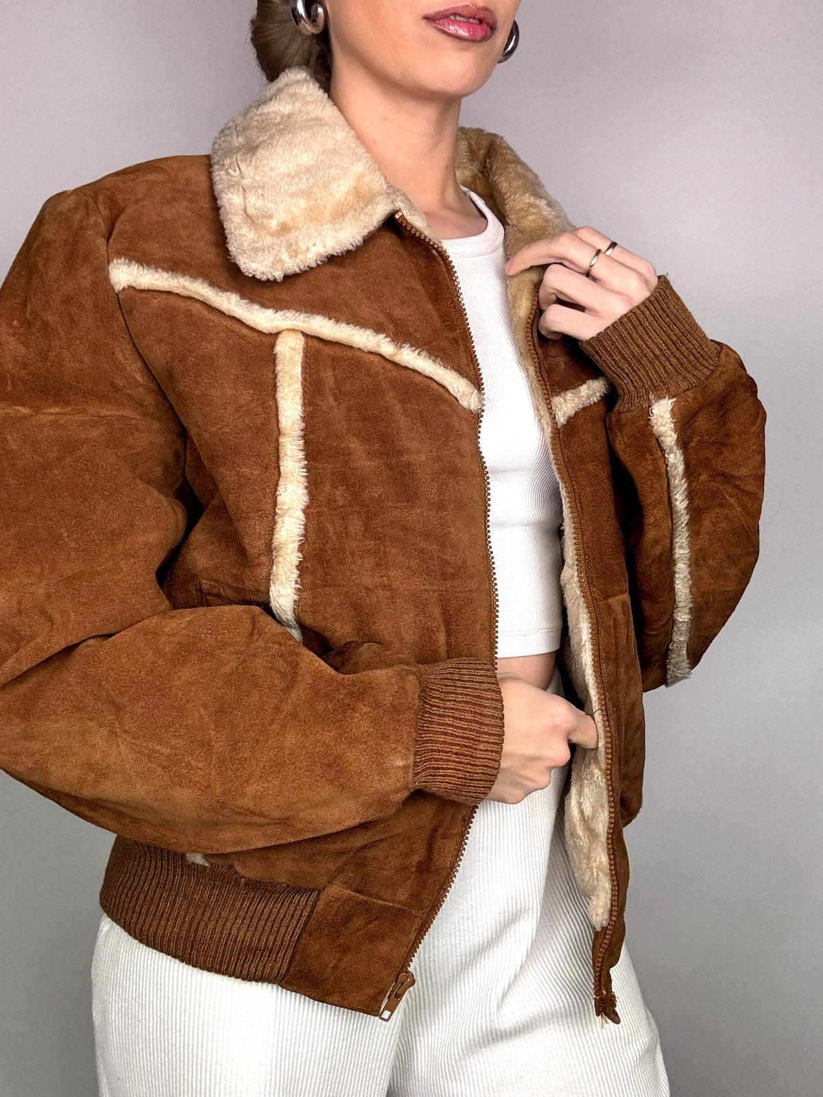 Bomber en daim fourré camel L vintage