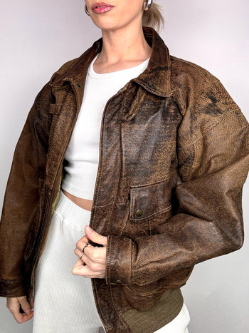 Blouson en cuir destroy brun L/XL vintage