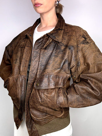 Blouson en cuir destroy brun L/XL vintage