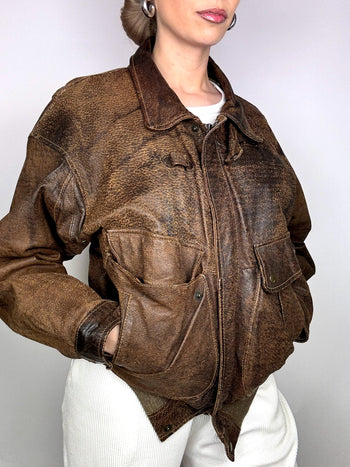 Blouson en cuir destroy brun L/XL vintage