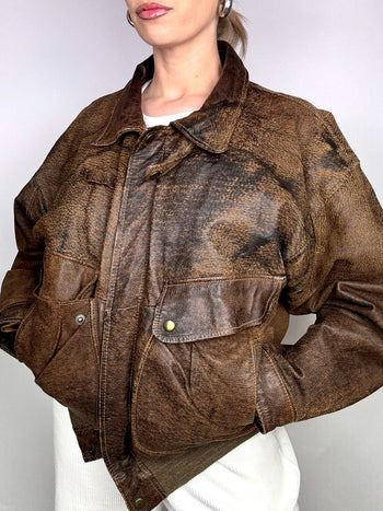 Blouson en cuir destroy brun L/XL vintage