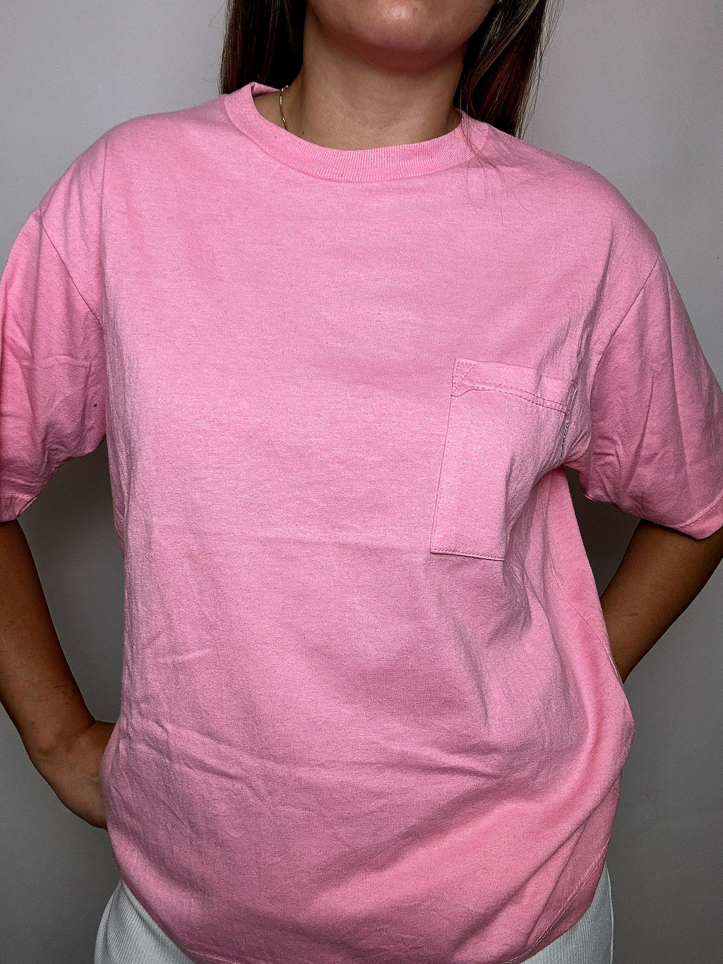 Vintage-T-Shirt in Bonbonrosa, schlicht, Größe L