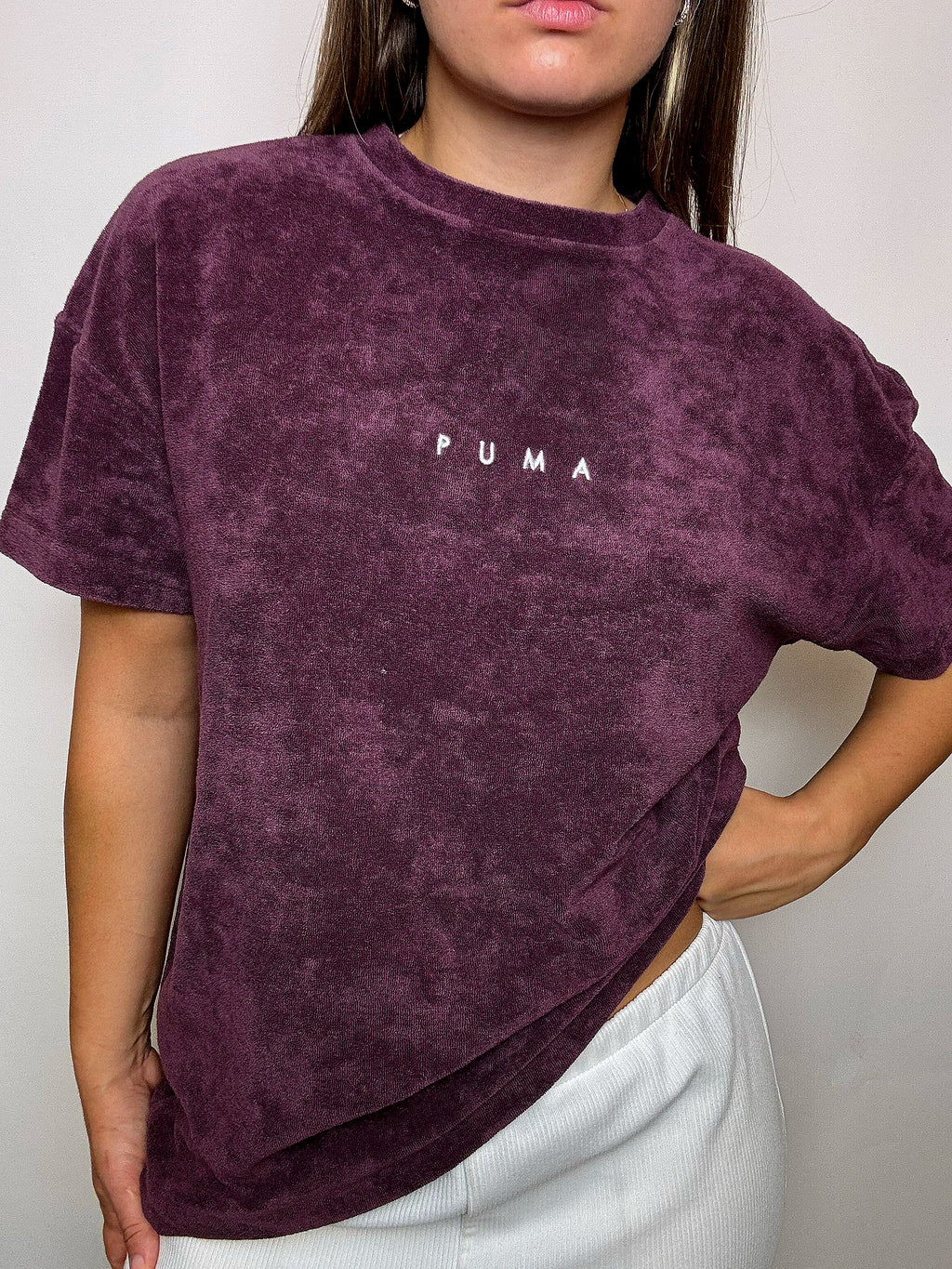 PUMA Vintage-T-Shirt aus bordeauxrotem Frottee, Größe L