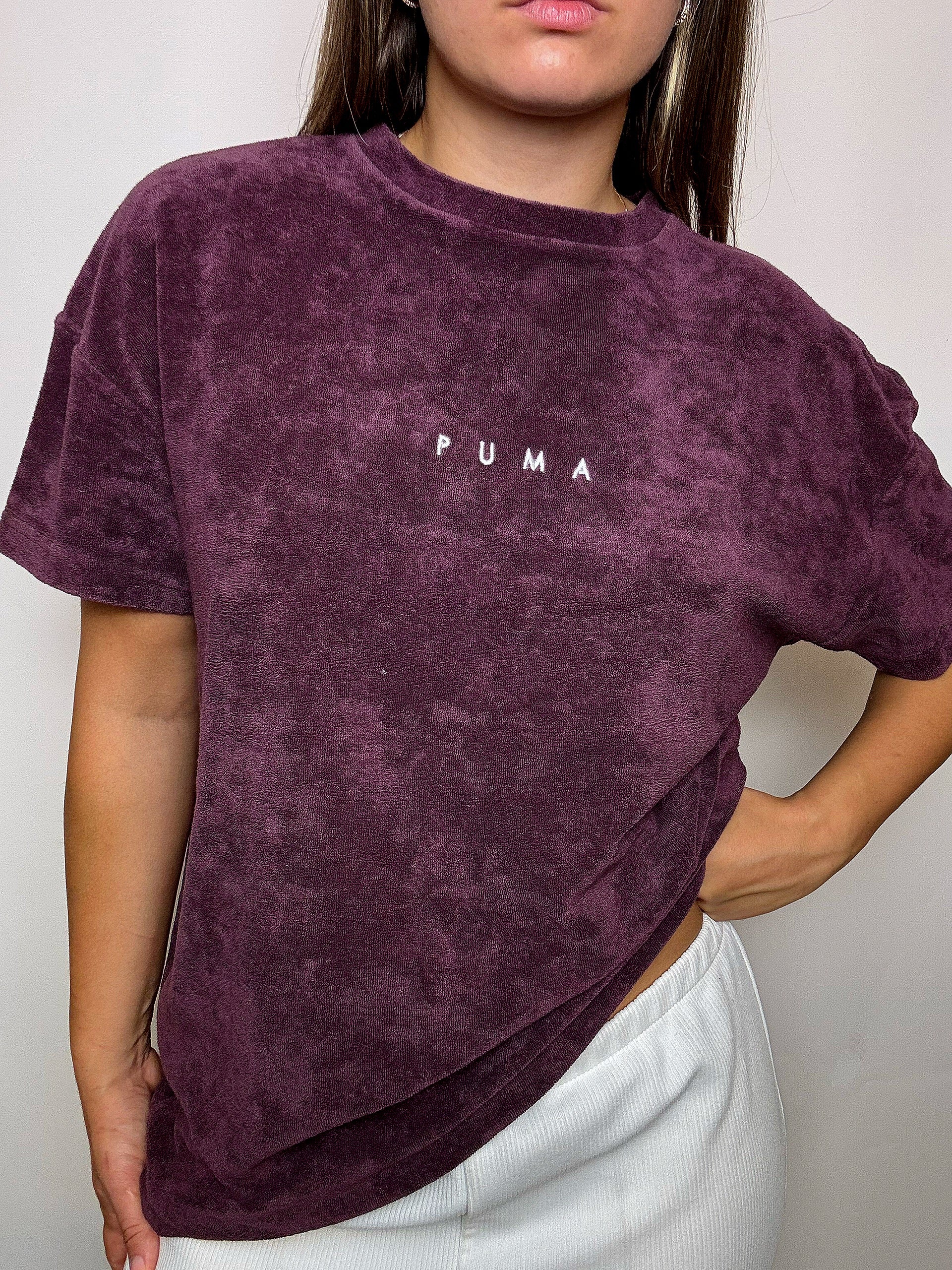 PUMA Vintage-T-Shirt aus bordeauxrotem Frottee, Größe L