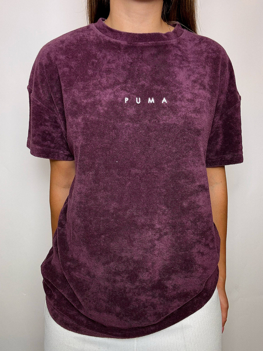 PUMA Vintage-T-Shirt aus bordeauxrotem Frottee, Größe L