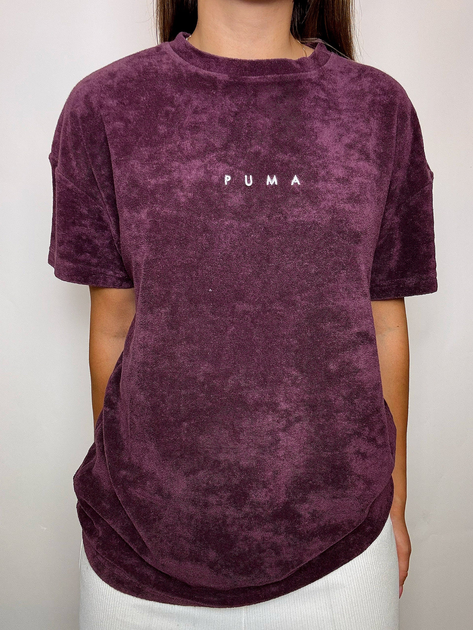 PUMA Vintage-T-Shirt aus bordeauxrotem Frottee, Größe L