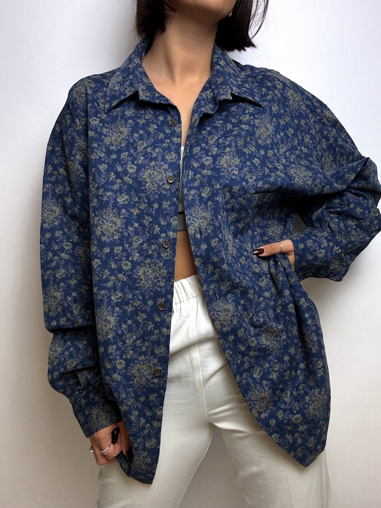 Chemise texturée bleue à fleurs vintage M/L