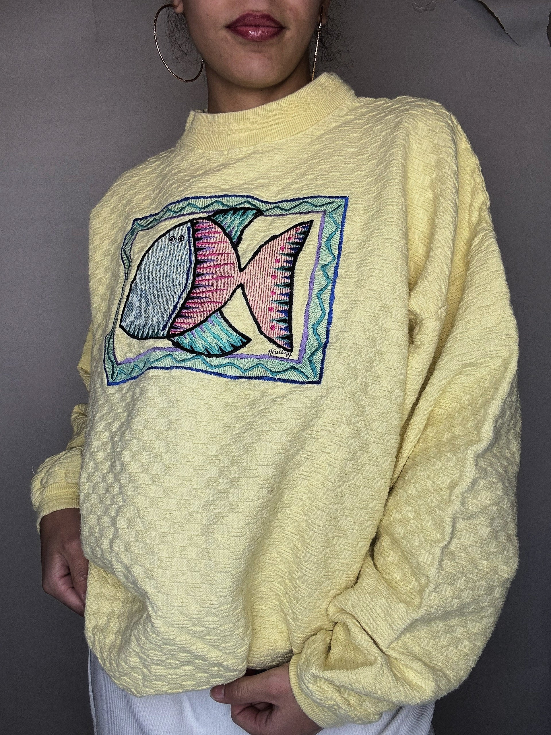 Sweat col rond oversized jaune M vintage