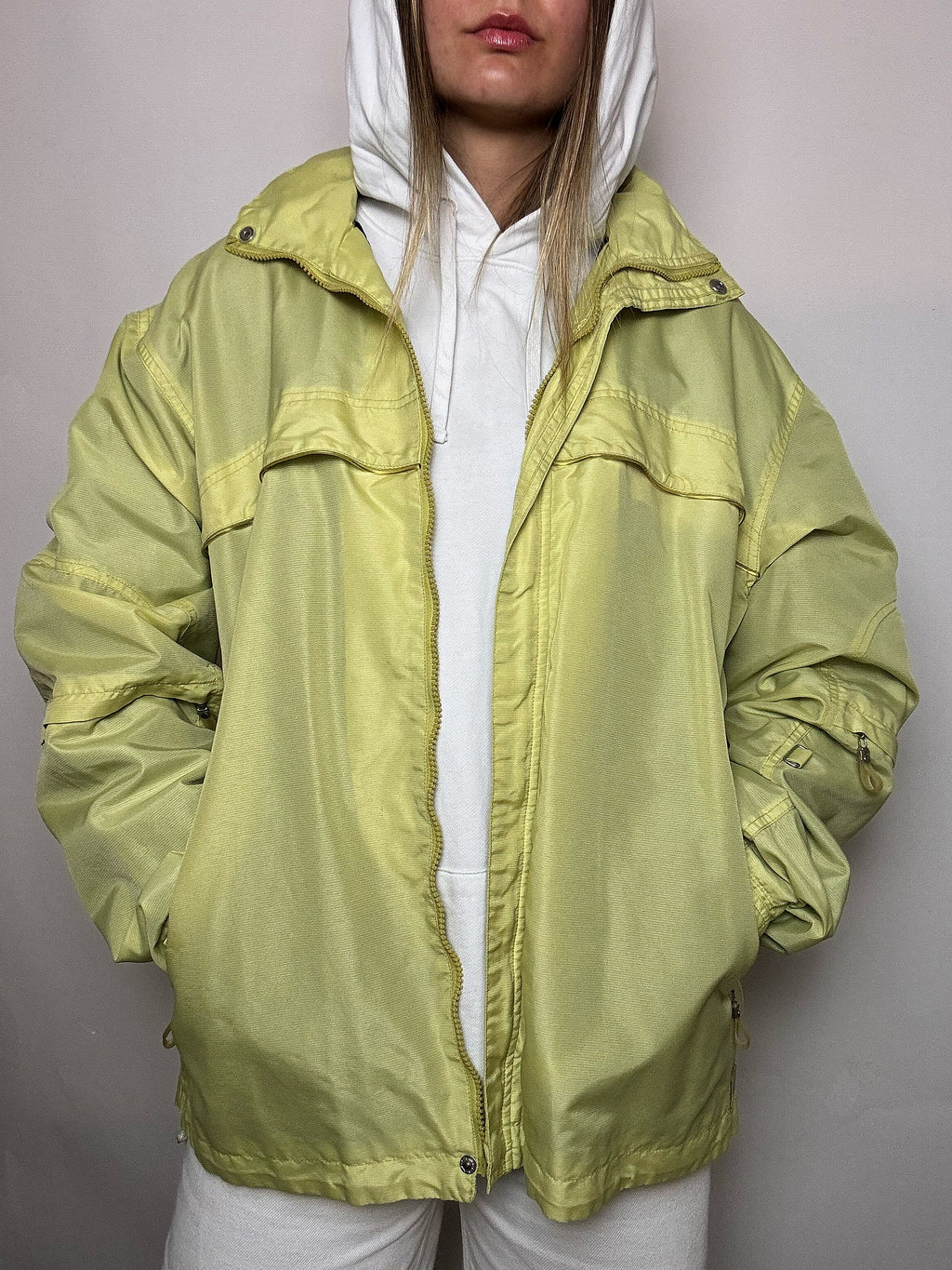 Vintage gelbe wasserdichte Jacke, Größe XL
