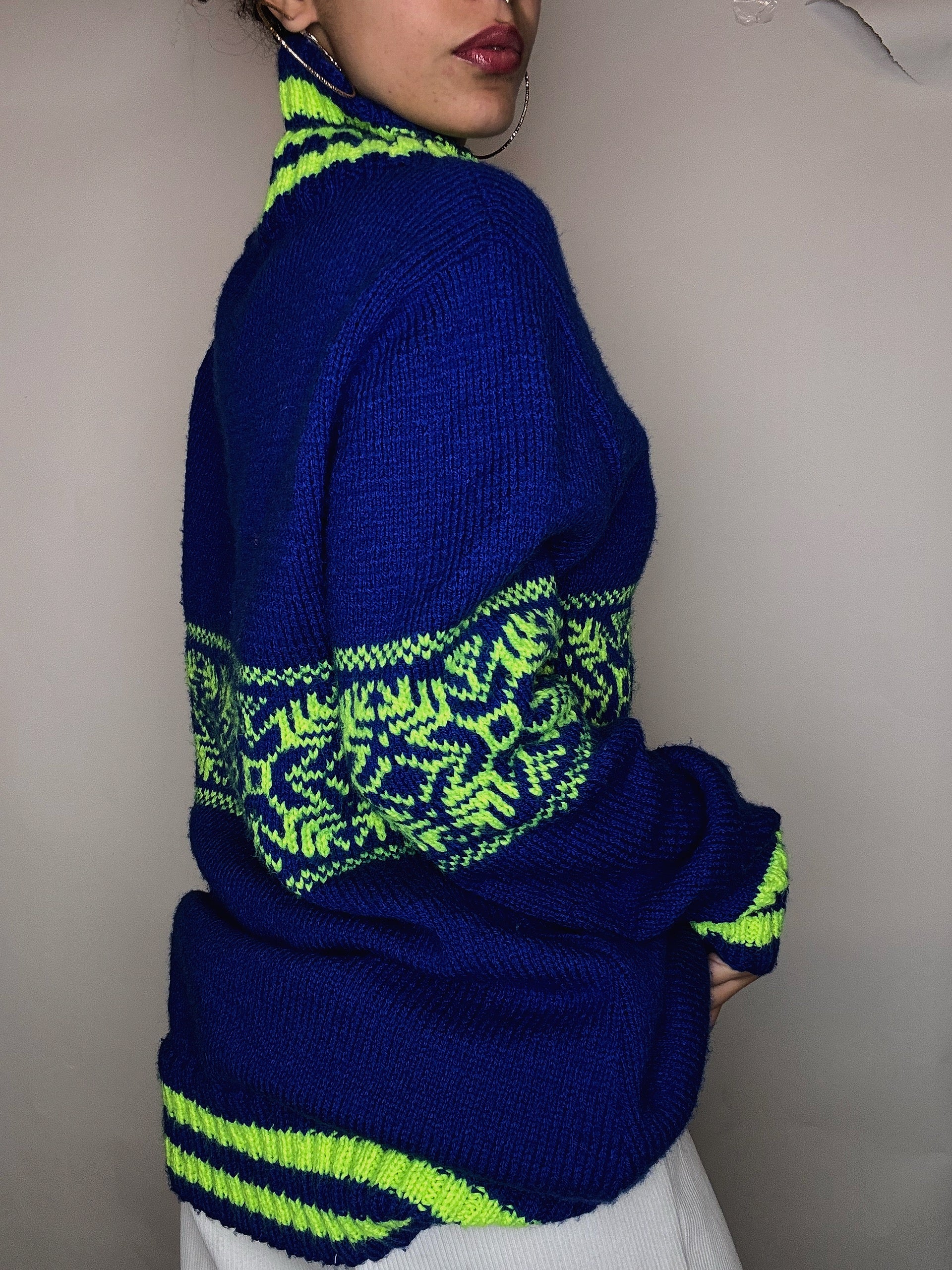 Pull en maille à col roulé bleu M/L vintage