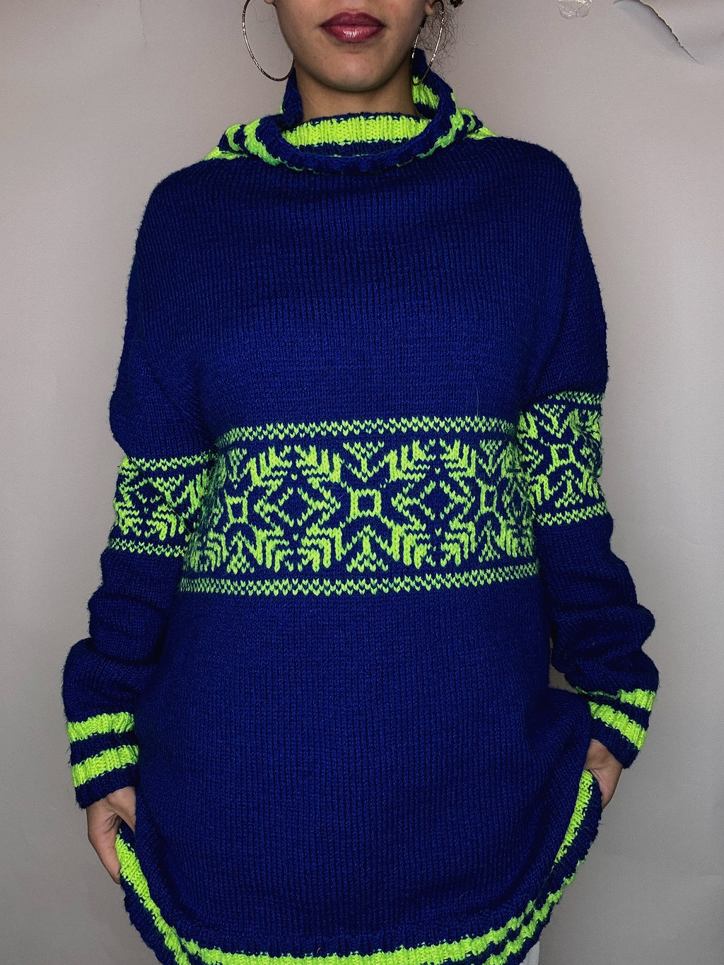 Pull en maille à col roulé bleu M/L vintage
