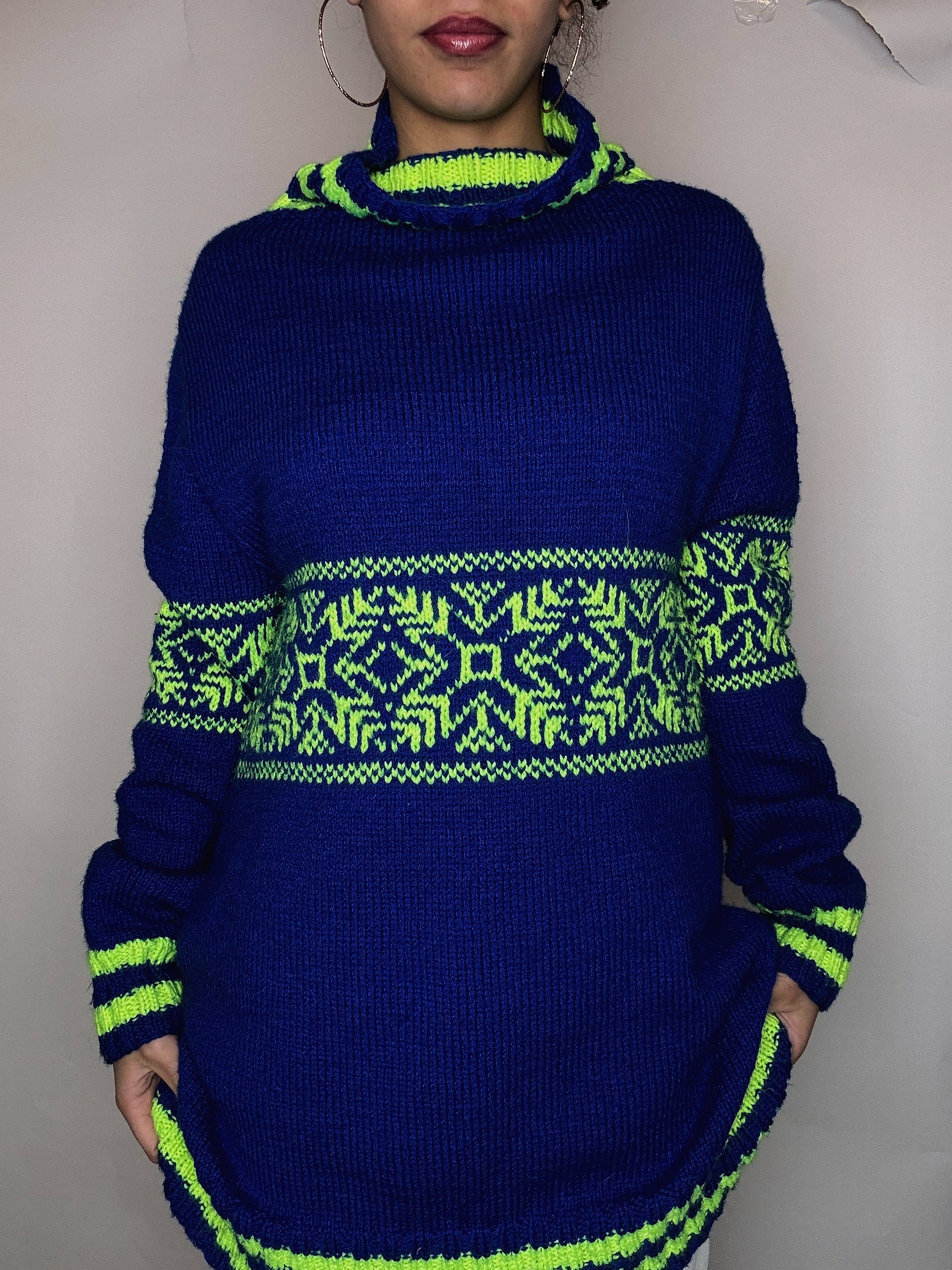 Pull en maille à col roulé bleu M/L vintage