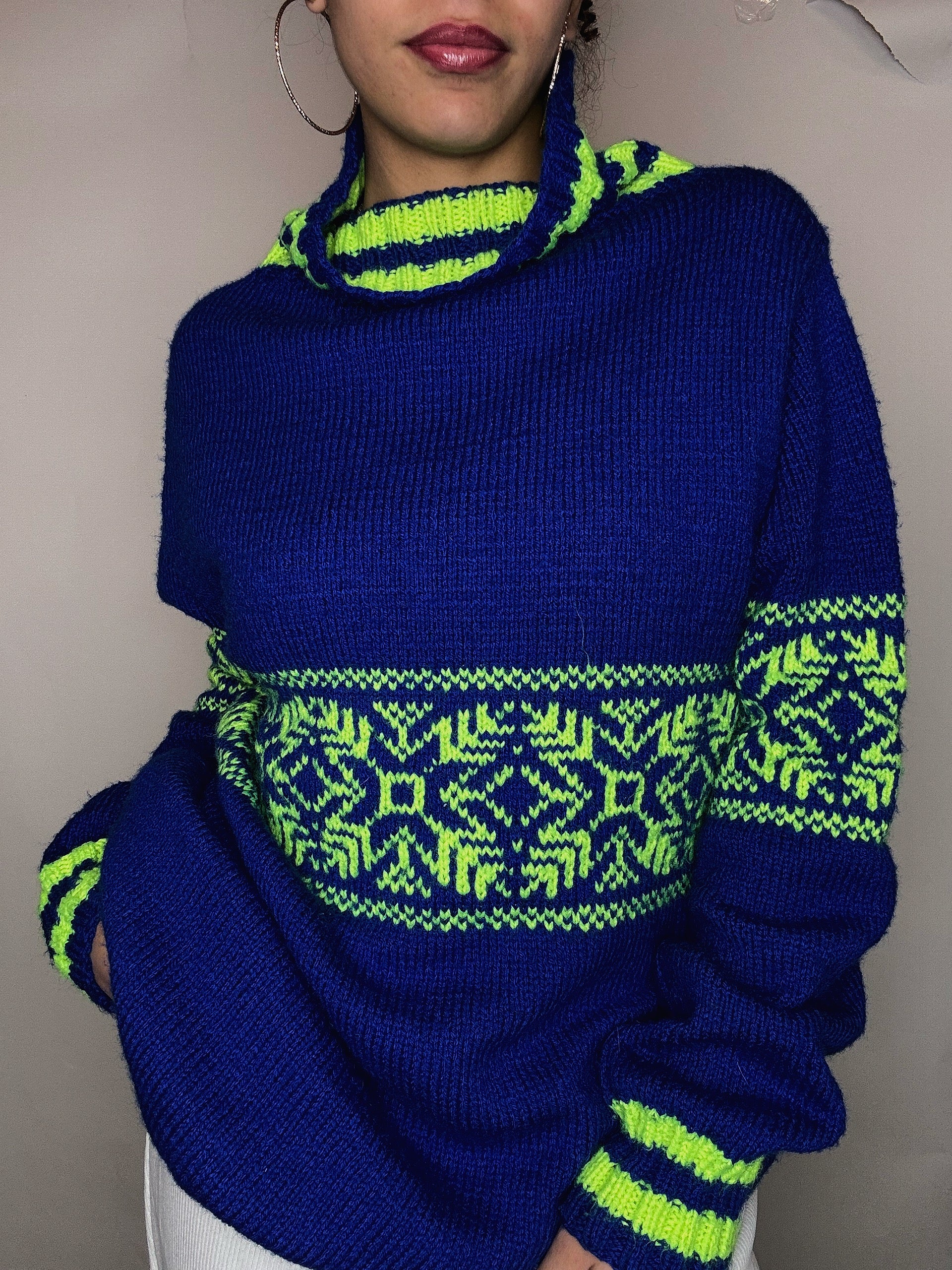 Pull en maille à col roulé bleu M/L vintage