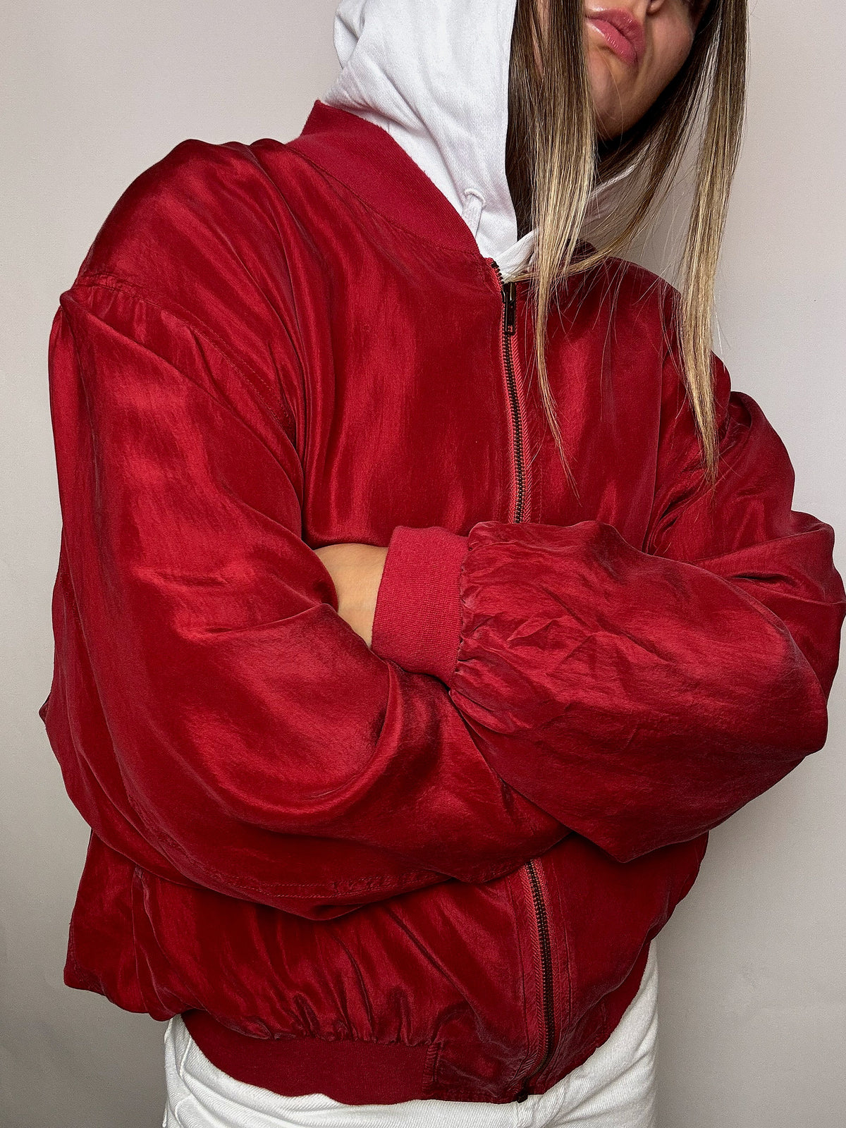 Vintage XXL rote Seidenbomberjacke