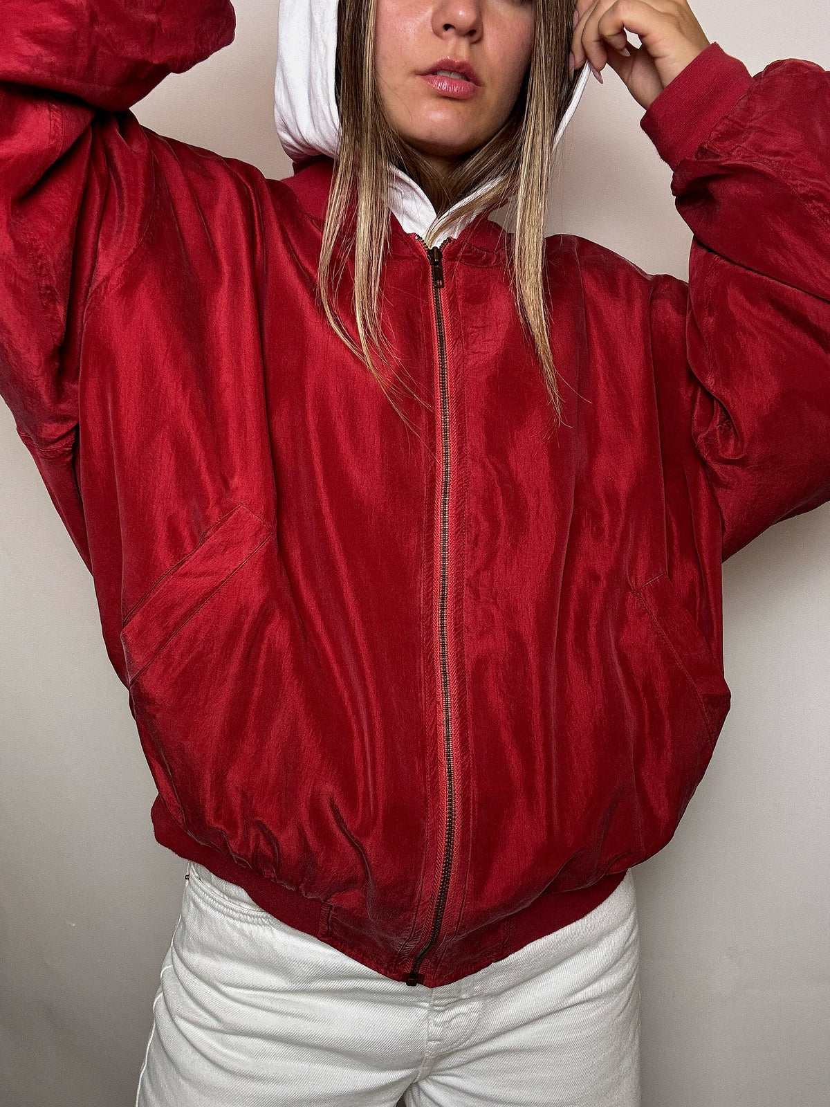 Vintage XXL rote Seidenbomberjacke