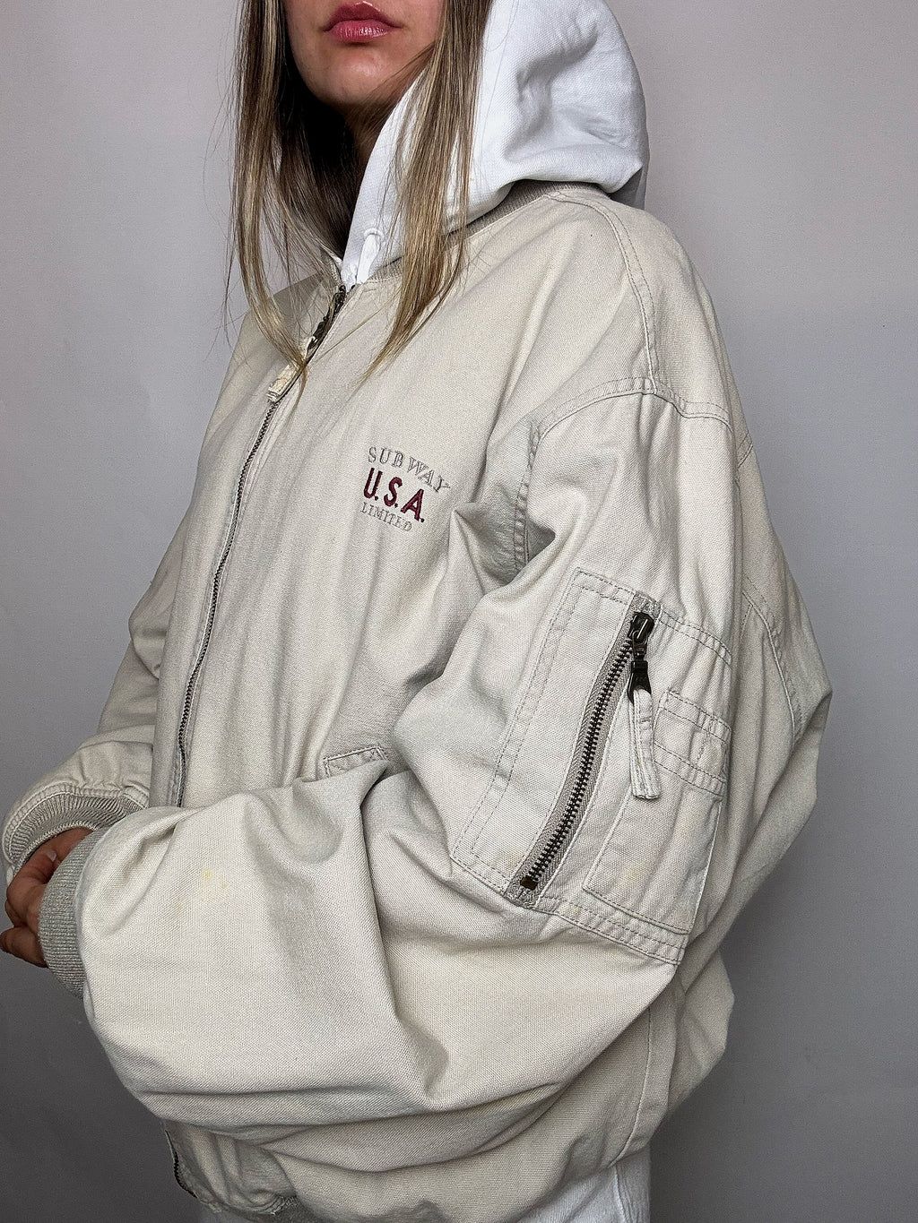 Vintage L beige cotton bomber jacket