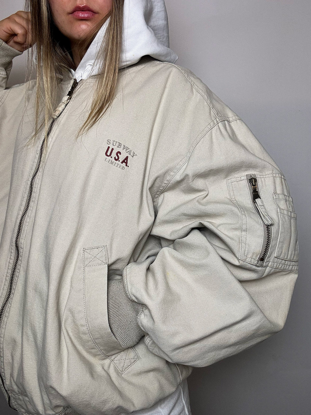 Vintage L beige cotton bomber jacket