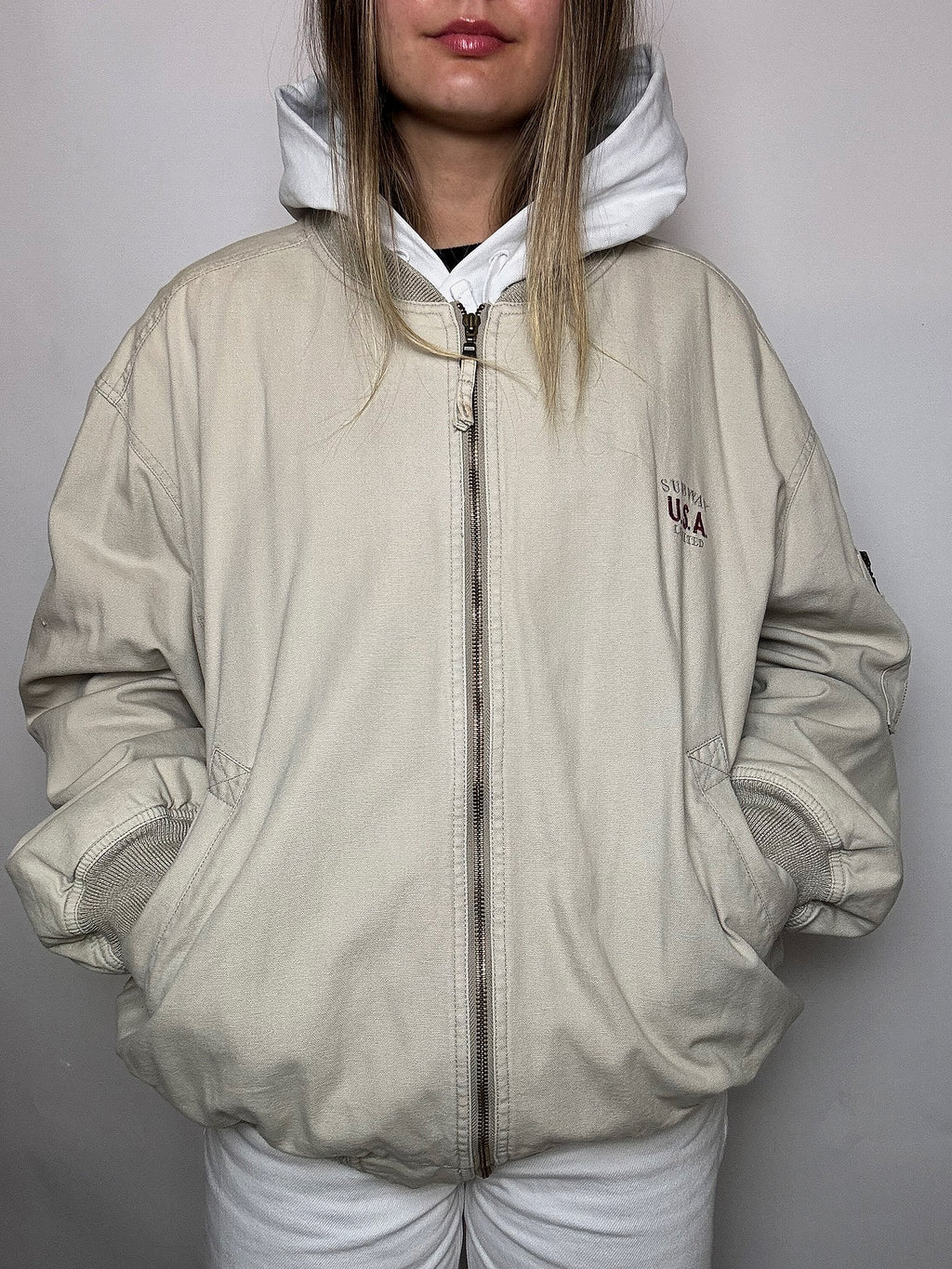 Vintage L beige cotton bomber jacket